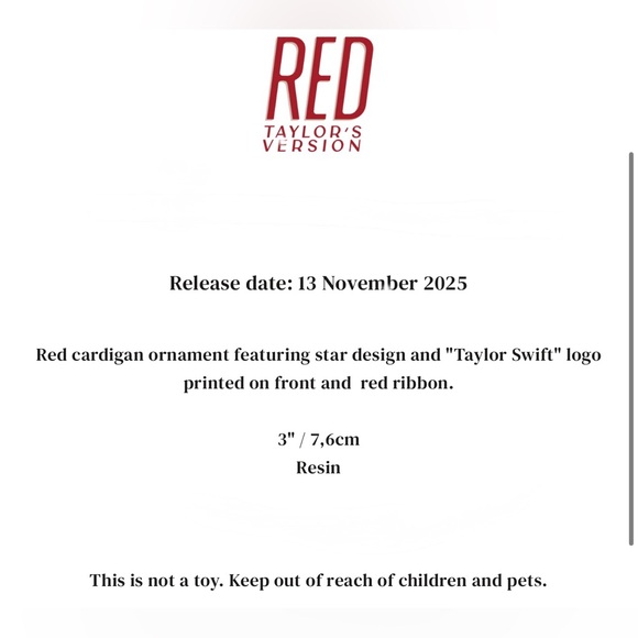 Taylor Swift Red (Taylor's Version) Cardigan Ornament BNIB - Picture 4 of 4